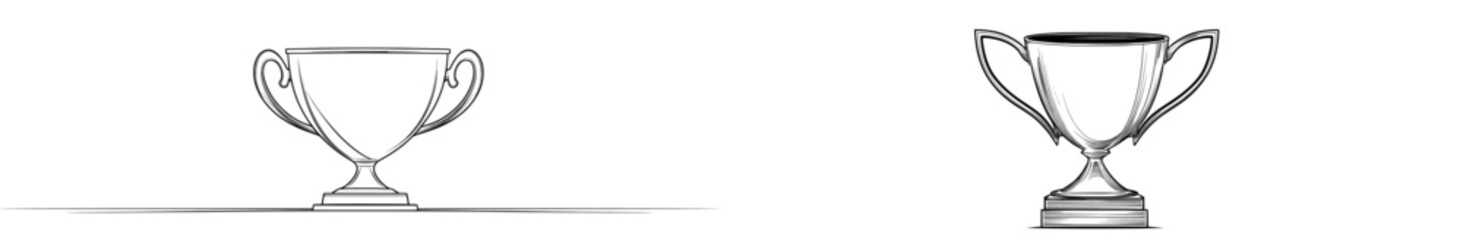 A contemporary illustration of a winner's trophy, depicted in a single line, isolated against a white background.