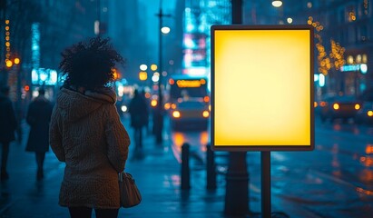 Aufkleber - The image shows a blank advertisement light box on a bus stop, an empty billboard at a night bus station, a banner template for a poster or sign on a city street, a fisha board and taxi headlights.