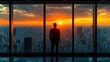 © by - A silhouette of a person in a suit gazing at a vibrant sunset over a city skyline.