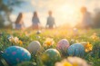© Anastasiya - Close-up of colorful Easter eggs in grass with blurred children in the background, enjoying an Easter egg hunt on a sunny spring day