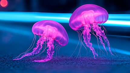 Wall Mural - An Abstract Interpretation of Two Vibrant Jellyfish in a City Setting with Colorful Lights Creating an Enigmatic and Ethereal Atmosphere