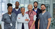 © peopleimages.com - Portrait, diversity and doctors in hospital, teamwork and confidence with happiness. Employees, medical and professional in clinic, career ambition and smile with uniform, healthcare and cooperation