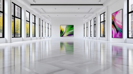  Modern art gallery interior with large windows and polished floors. Abstract paintings adorn the walls, creating a serene atmosphere. 