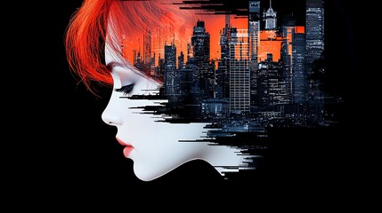 Wall Mural - Artistic Double Exposure Illustration Featuring Ethereal Profile with Urban Landscape and Vibrant Red Hair in a Dramatic Contrast of Light and Shadow