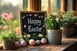 © Anastasiya - A charming Easter scene by a window with a chalkboard reading 'Happy Easter,' surrounded by fresh flowers in a pot and decorated eggs, creating a cozy springtime atmosphere