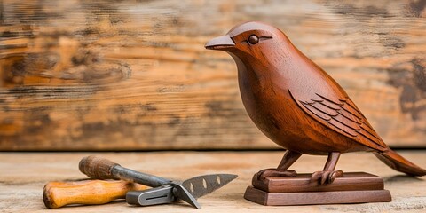 A wooden bird sculpture sits on a surface beside carving tools, showcasing craftsmanship and artistic design.