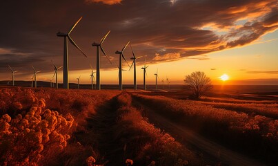 Array of Windmills Amidst Grassland