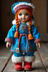 Colorful doll dressed in a traditional blue outfit with braids and warm accessories