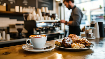 Wall Mural - A steaming cup of coffee placed on a table next to a plate of assorted bakery items, with a barista visible in the background 