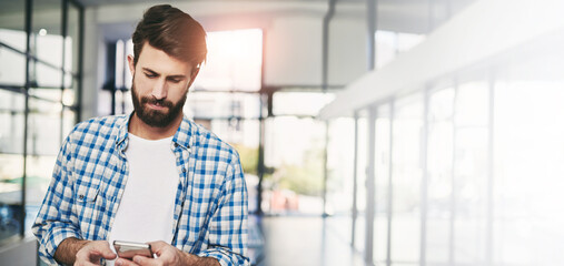 Aufkleber - Business, man and walking with smartphone in office for checking notifications, reading email or text message response. Professional, employee and phone for online networking, research and web update