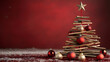 © Erika - un fondo rojo con espacio de copia con un arbol de navidad hecho de troncos de madera con decoraciones navideñas con esferas y decoraciones para navidad