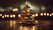 © Erika - un arbol de navidad iluminado hecho de troncos o palos de madera con decoraciones de navidad con destellos de luces de fondo para navidad