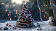 © Erika - un fondo de un bosque nevado en invierno con destellos de luces al anochecer con un arbol de navidad hecho de troncos y palos de madera con decoraciones con esferas de colores para navidad