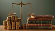 © kaiserseeing - A Detailed View of Classic Scales of Justice Surrounded by Stacks of Books and Coins Representing Law, Balance, and Fairness in Society