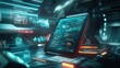 © delvin std - A futuristic tablet displays data and analytics in a high-tech environment.