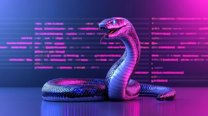 an image of a snake represents python programming, displaying code snippets in a futuristic environm