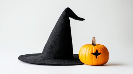 Wall Mural - Black witch hat with a small pumpkin beside it, isolated on a white background 