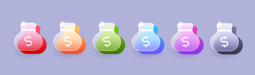 glass morphism money bag icon set in various color. vector finance element illustration