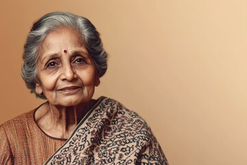 Elderly Indian woman in traditional sari with warm smile.