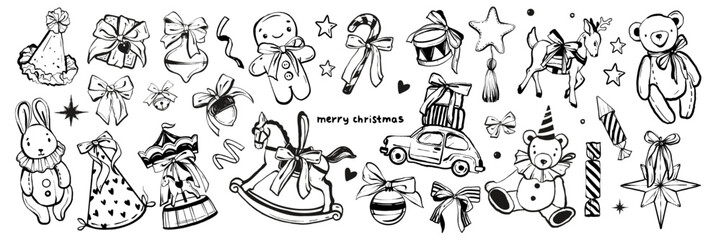 Wall Mural - Christmas traditional vintage toys set, New Year hand drawn kids present vector doodles, teddy bear. Holiday retro baby horse, gifts car, ribbon bow, winter holy star, party hat. Christmas toys decor