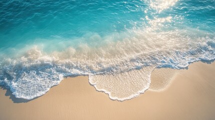 Poster - a serene sandy beach with gentle waves lapping at the shore, illuminated by bright sunlight. The light blue water is crystal clear,