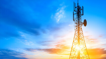silhouette of an abstract telecommunication tower antenna and satellite dish at sunset sky backgroun
