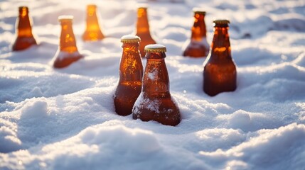 Beers buried in the snow, beer bottles covered with snow