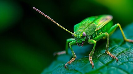 Wall Mural - A green grasshopper sitting on top of a green leaf