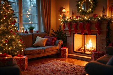 Joyful Holiday Living Room with Christmas Tree and Cozy Fireplace Setup