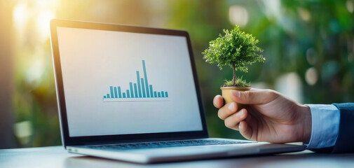 Leinwandbilder - ESG investment metrics concept. A hand holds a small plant next to a laptop displaying a growth chart, symbolizing the connection between technology and sustainable development.