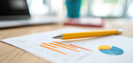 Leinwandbilder - ESG investment metrics concept. A close-up view of a workspace featuring charts, graphs, and a pen on a document, with a colorful pot in the background.