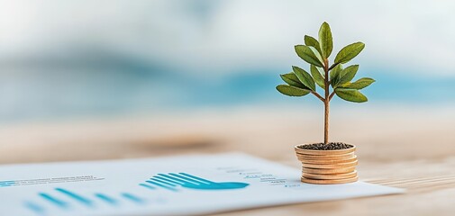 Leinwandbilder - ESG investment metrics concept. A small plant grows in a coin pot on a financial report, symbolizing growth and sustainability in investment.