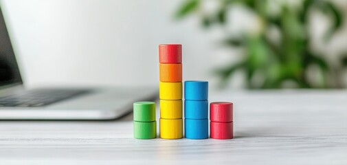 Fototapete - ESG investment metrics concept. A vibrant stack of colorful cylinders, illustrating data visualization or growth, set against a modern workspace with a laptop and greenery.