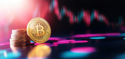 Aufkleber - ESG investment metrics concept. A golden Bitcoin coin stands prominently in front of stacked coins, set against a colorful, dynamic background representing cryptocurrency trends.