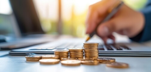 Leinwandbilder - ESG investment metrics concept. A close-up of a hand writing on a laptop, with stacks of coins in the foreground, suggesting financial management or investment.