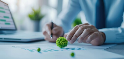 Fototapete - ESG investment metrics concept. A professional analyzing growth data while incorporating a symbolic green plant, representing sustainability and environmental awareness.