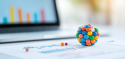 Leinwandbilder - ESG investment metrics concept. A colorful ball made of small beads rests on a document with data charts, next to a laptop, symbolizing creativity in data analysis.
