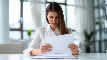 Wall Mural - Businesswoman reviewing documents at a desk in a bright modern office with natural light and professional ambiance