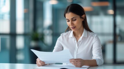 Wall Mural - A professional woman in a white blouse reviewing important paperwork while seated at a desk in a bright, modern office environment.