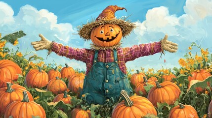 Wall Mural - scarecrow in the pumpkin field