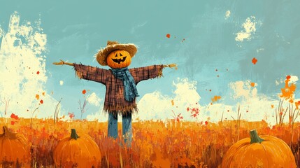 Wall Mural - scarecrow in the pumpkin field