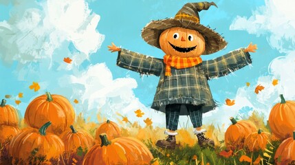 Wall Mural - scarecrow in the pumpkin field