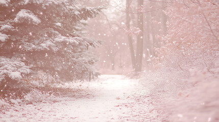 Wall Mural - Dreamy forest path covered in snow with sunlight filtering through tall evergreen trees, printspace ,Overexposed, soft and airy, bright pastel tones