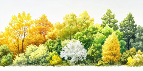 a picturesque forest with trees in bright green and yellow tones, symbolizing the transition from spring to summer.  