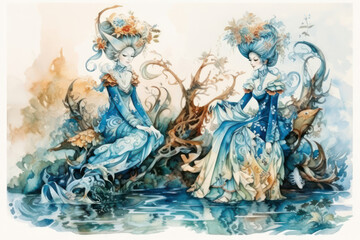 two graceful girls in fantasy baroque dresses sitting by the water. Their dresses are decorated with intricate patterns, and their high hairstyles are decorated with flowers and plants.  