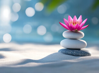 Serene pink lotus flower balanced on smooth stones, symbolizing tranquility, balance, and mindfulness in a peaceful nature setting with soft, blurred water reflections in the background