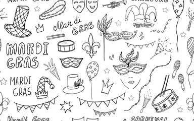 Seamless pattern of Festival Mardi gras. Party, carnival. Mask, beads, balloons, garlands, confetti, fireworks. Great for greeting card, banner, poster. Hand drawn