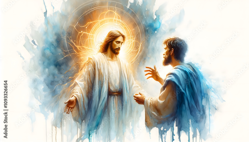 Angelic Robe Jesus Jesus, surrounded by radiant light and angelic forms, reaches out with ...
