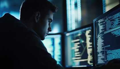 male IT-specialist working on computer on code - website design - hacking - coding