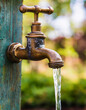 © hardvicore - Vintage metal tap with running clear water in garden. Old faucet. Natural backdrop.